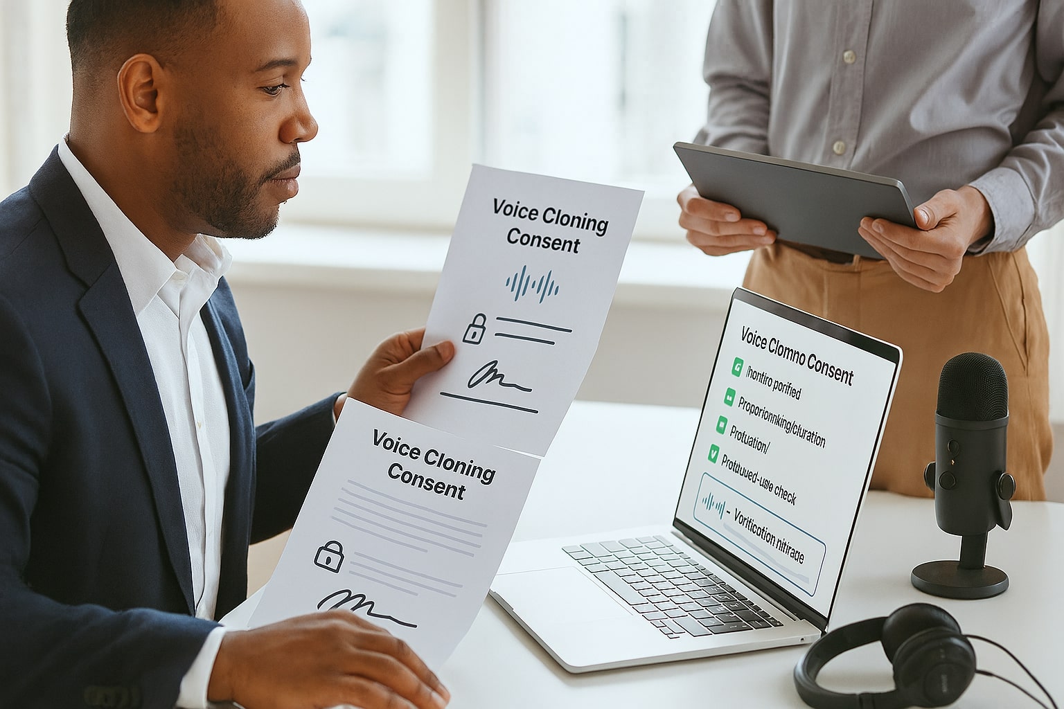Marketing manager verifies voice-cloning consent and identity on a laptop while reviewing a signed form
