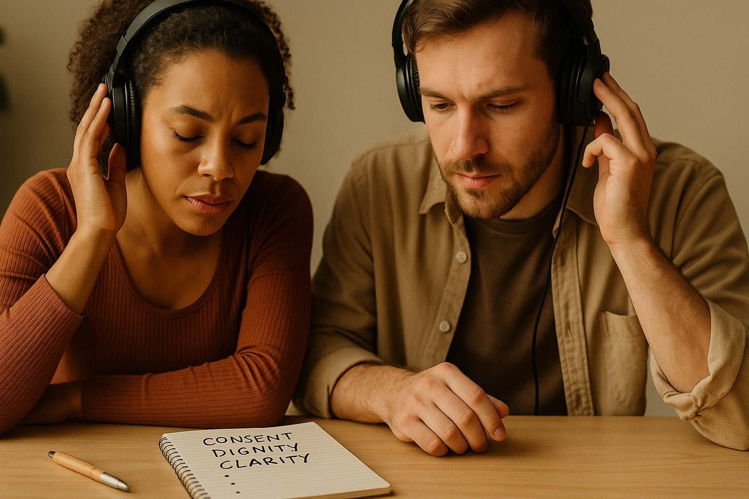 Creators reviewing audio with ethics notes