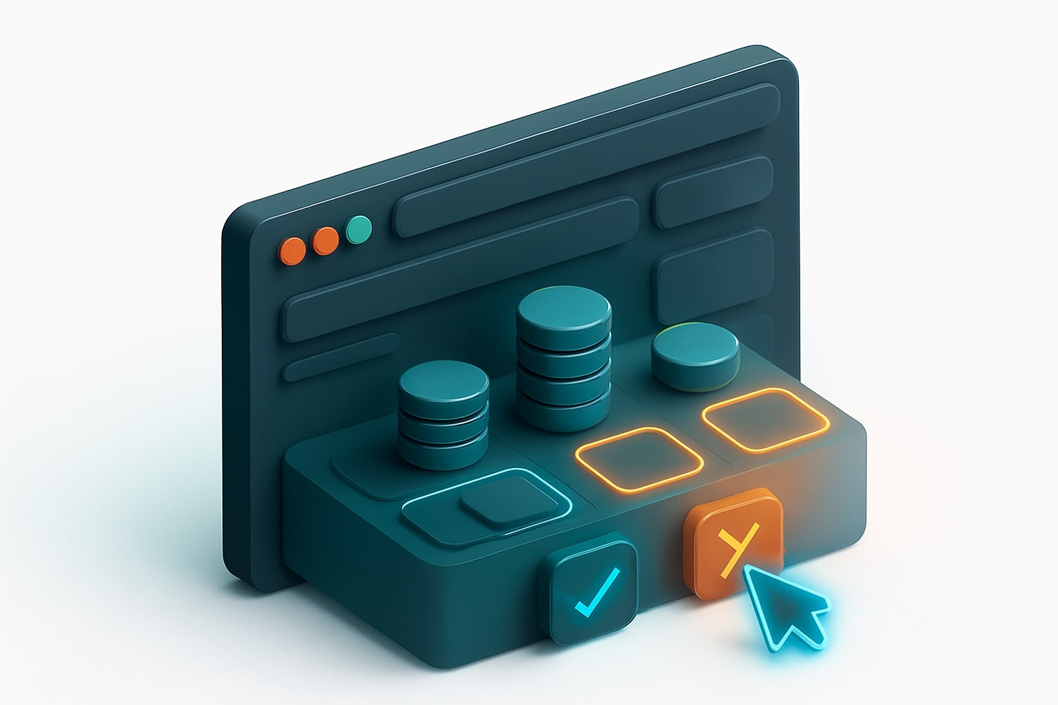 Abstract token stacks arranged like a pricing table over a browser mock