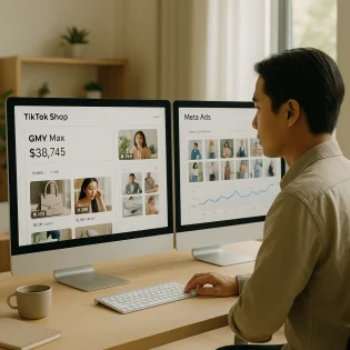 AI Ads Showdown dashboard comparing TikTok GMV Max and Meta Andromeda plus Lattice, 2025 view