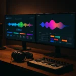Udio vs Suno 2025 comparison on dual monitors in a modern studio