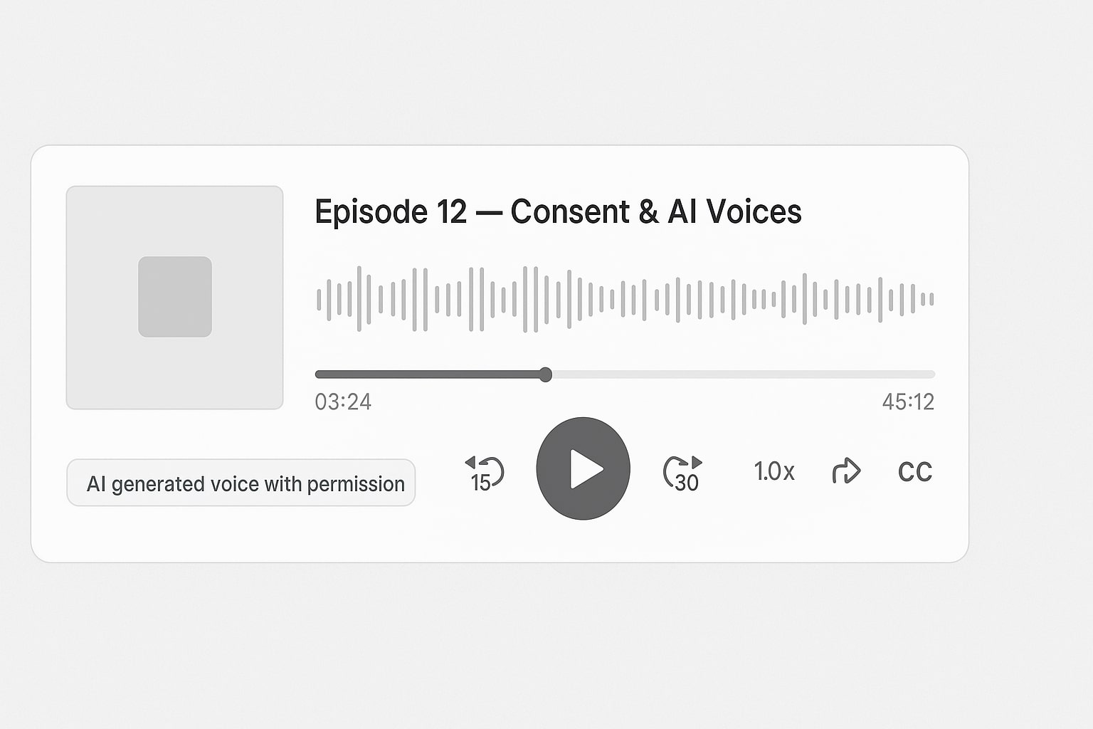 Podcast player with AI voice disclosure label