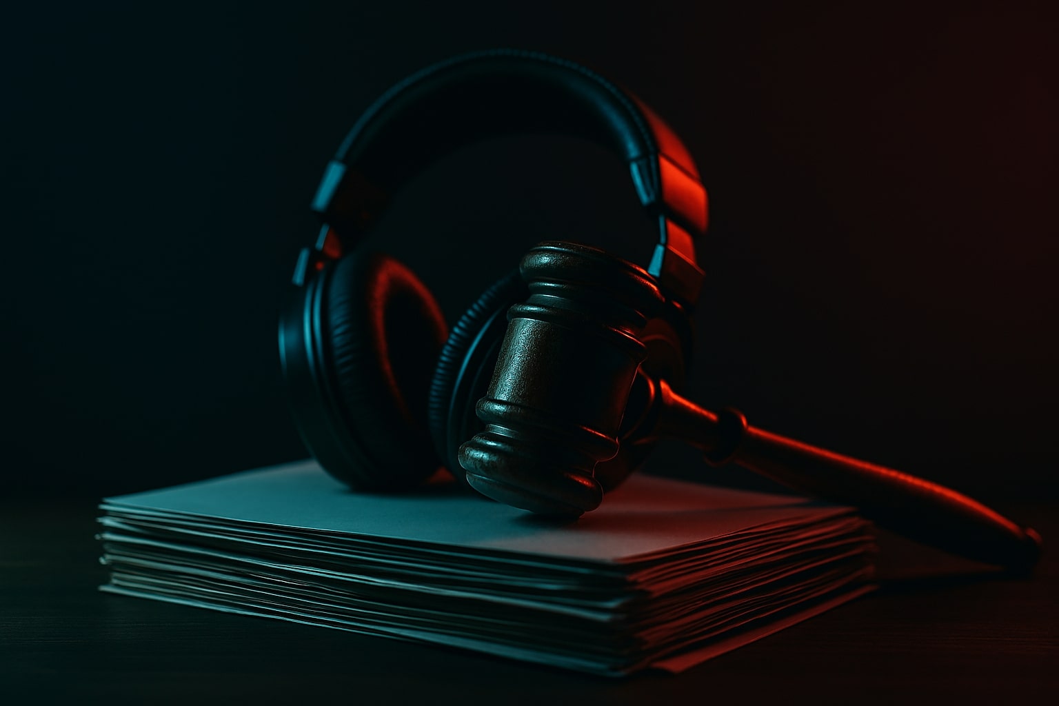 Headphones on legal briefs with a gavel indicating AI music policy risk