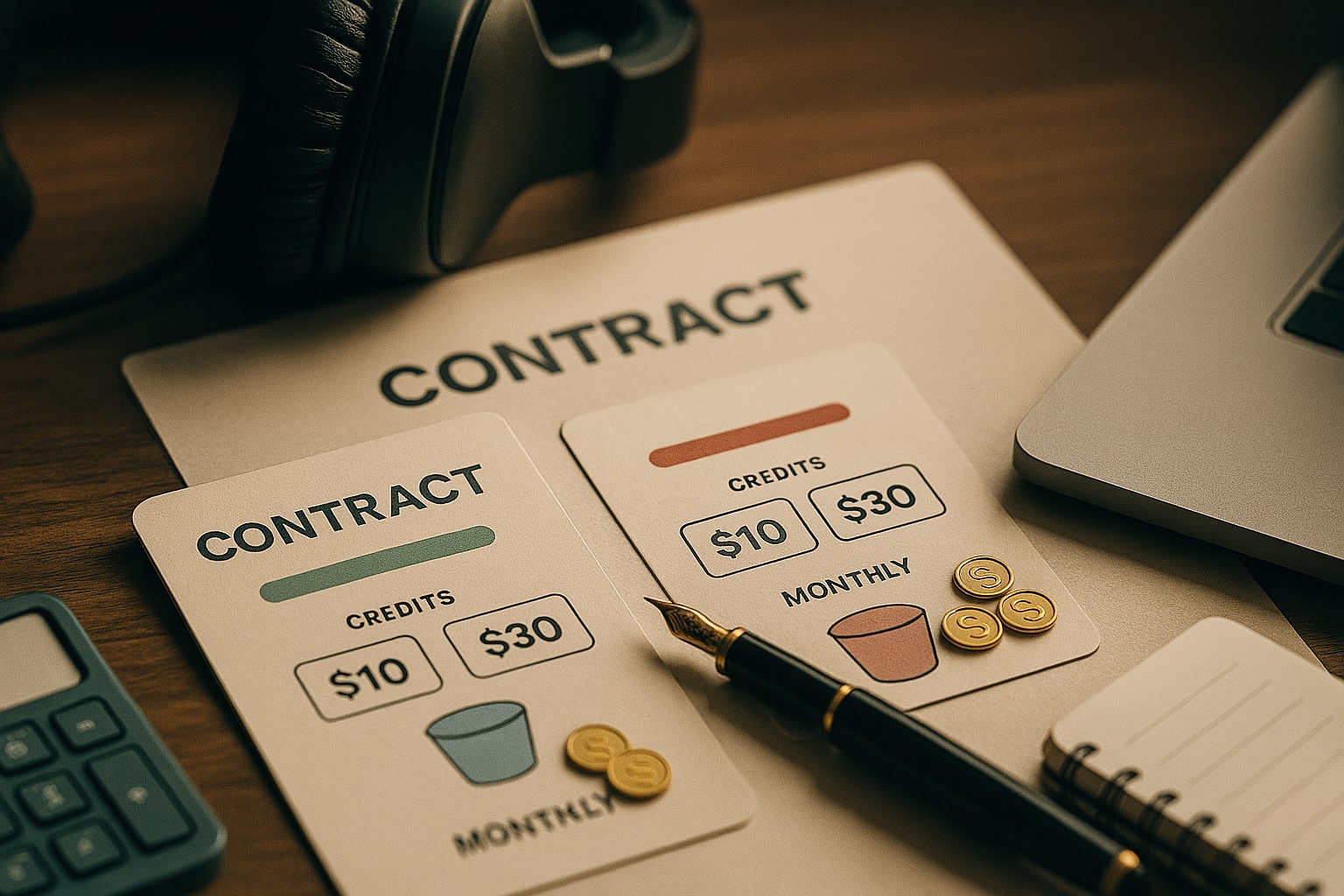 Contract and checklist next to studio gear symbolizing commercial licensing