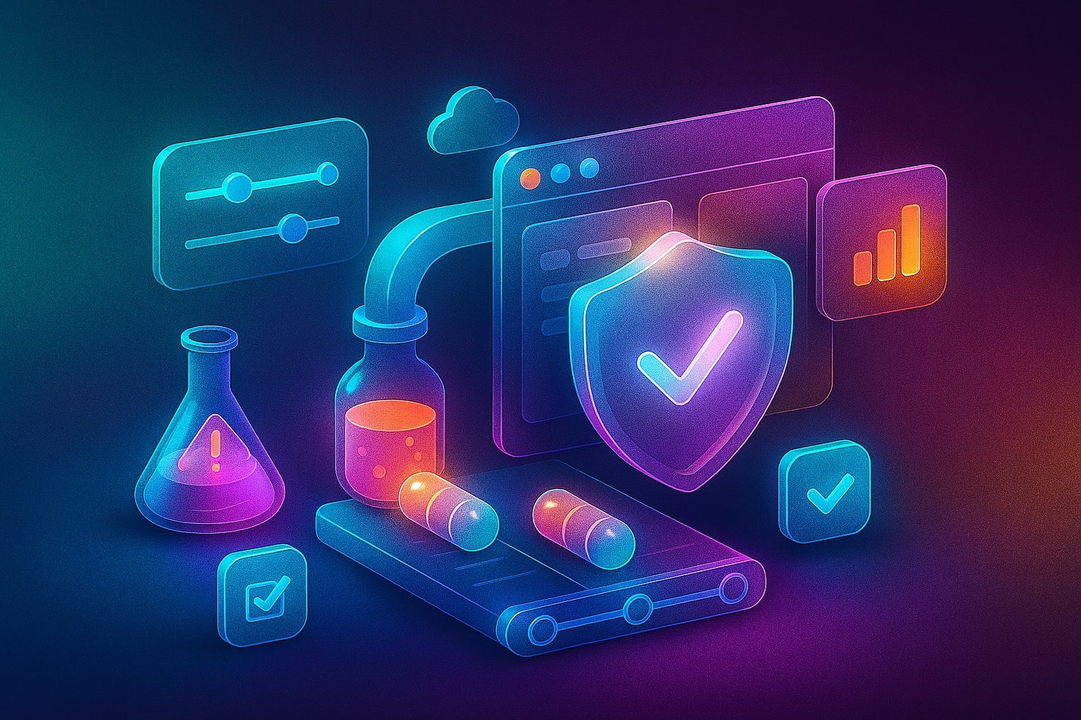 Ilustrasi 3D transformasi eksperimen Gemini 2.5 Computer Use menjadi dampak bisnis nyata, pipeline dari prototipe ke produksi dengan ikon metrik dan keamanan