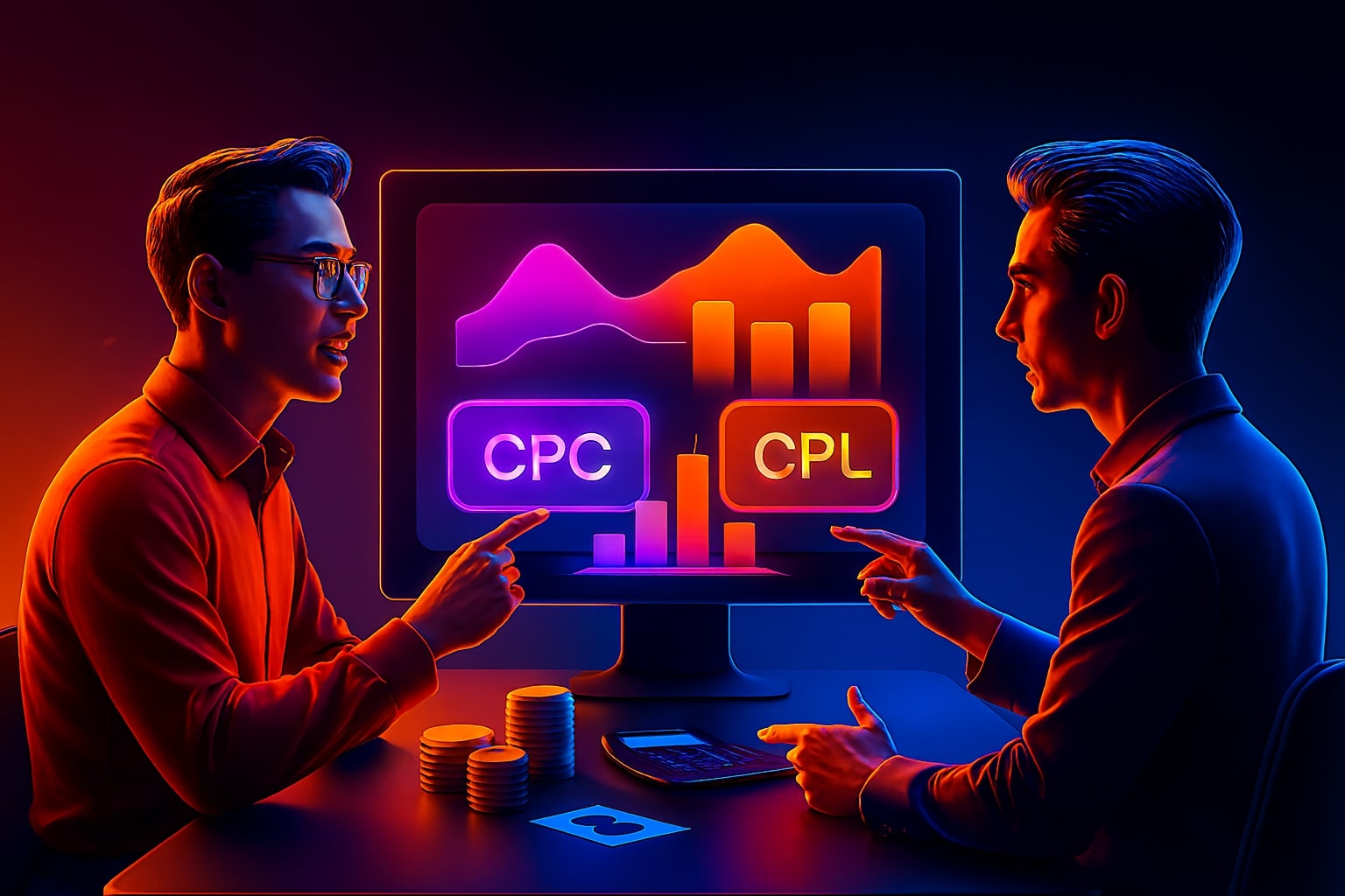 Analyst explains CPC and CPL charts to a founder while adjusting a calculator and a budget slider on screen