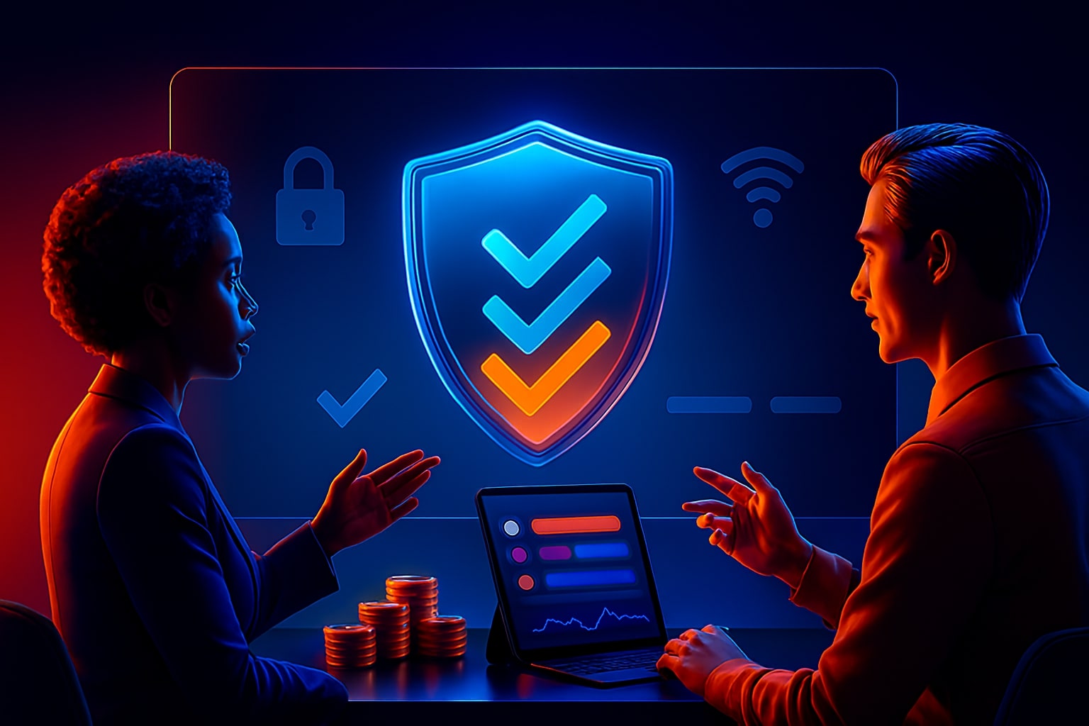 Compliance lead and marketer reviewing a change log and signal audit with a shield icon glowing nearby
