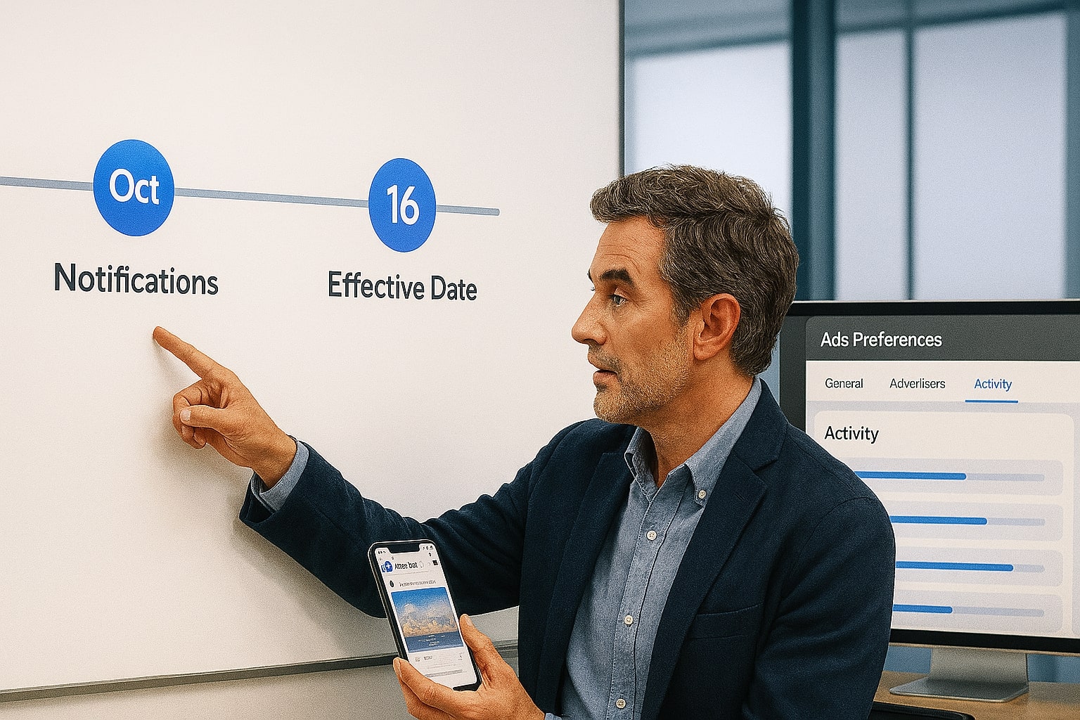 Timeline board shows notification and effective dates with Ads Preferences dashboard.