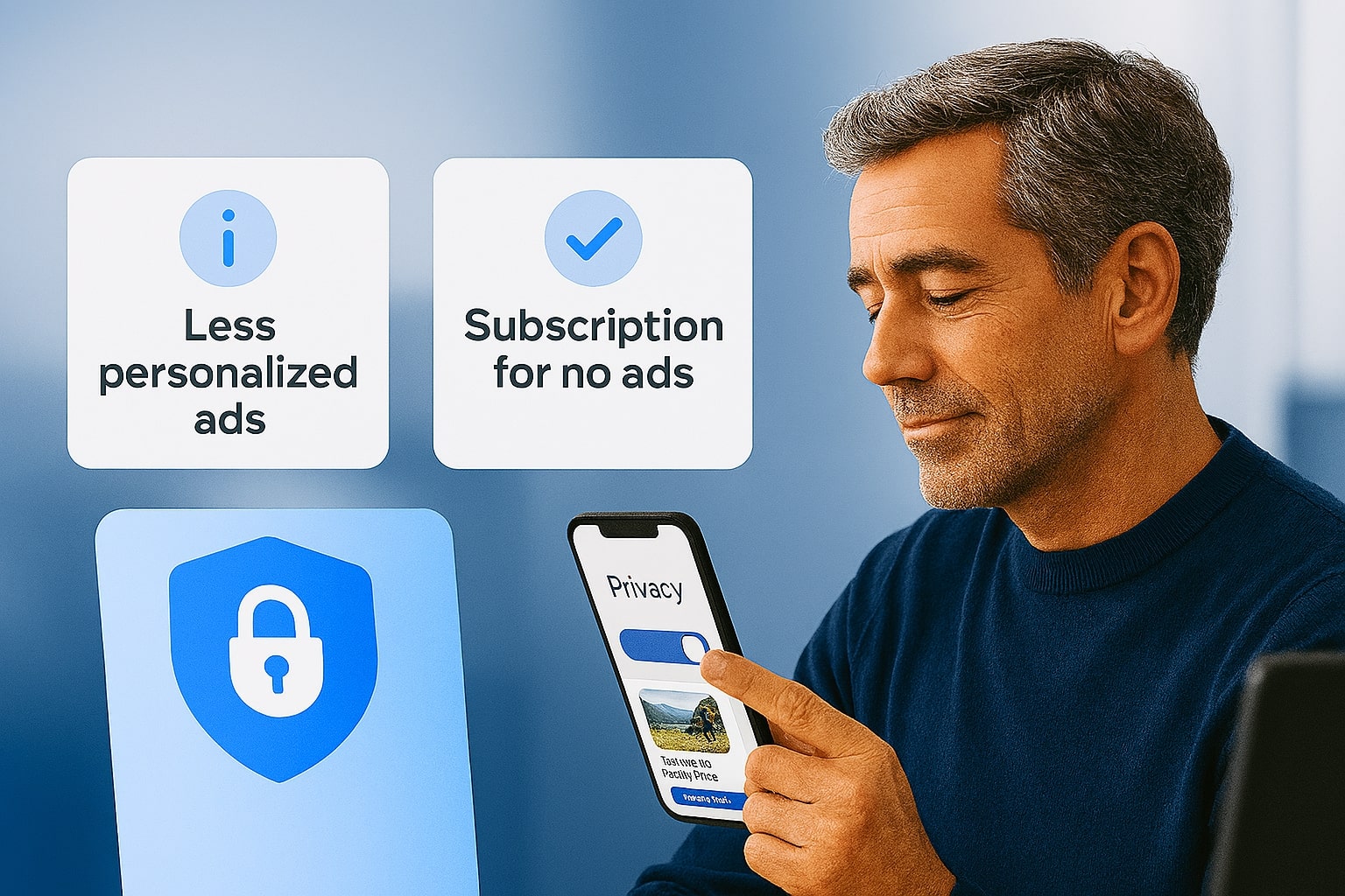 Cards show EU less personalized option and subscription for no ads.