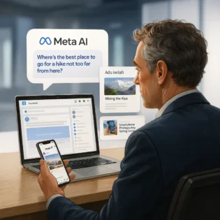 Person chats with Meta AI, ad cards update on Facebook and Instagram interfaces.