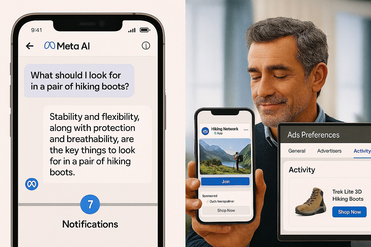 Chat about hiking on left, feed shows hiking groups and boot ad on right.