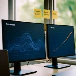 Meta Andromeda and Lattice visualized on two screens in a marketing workspace
