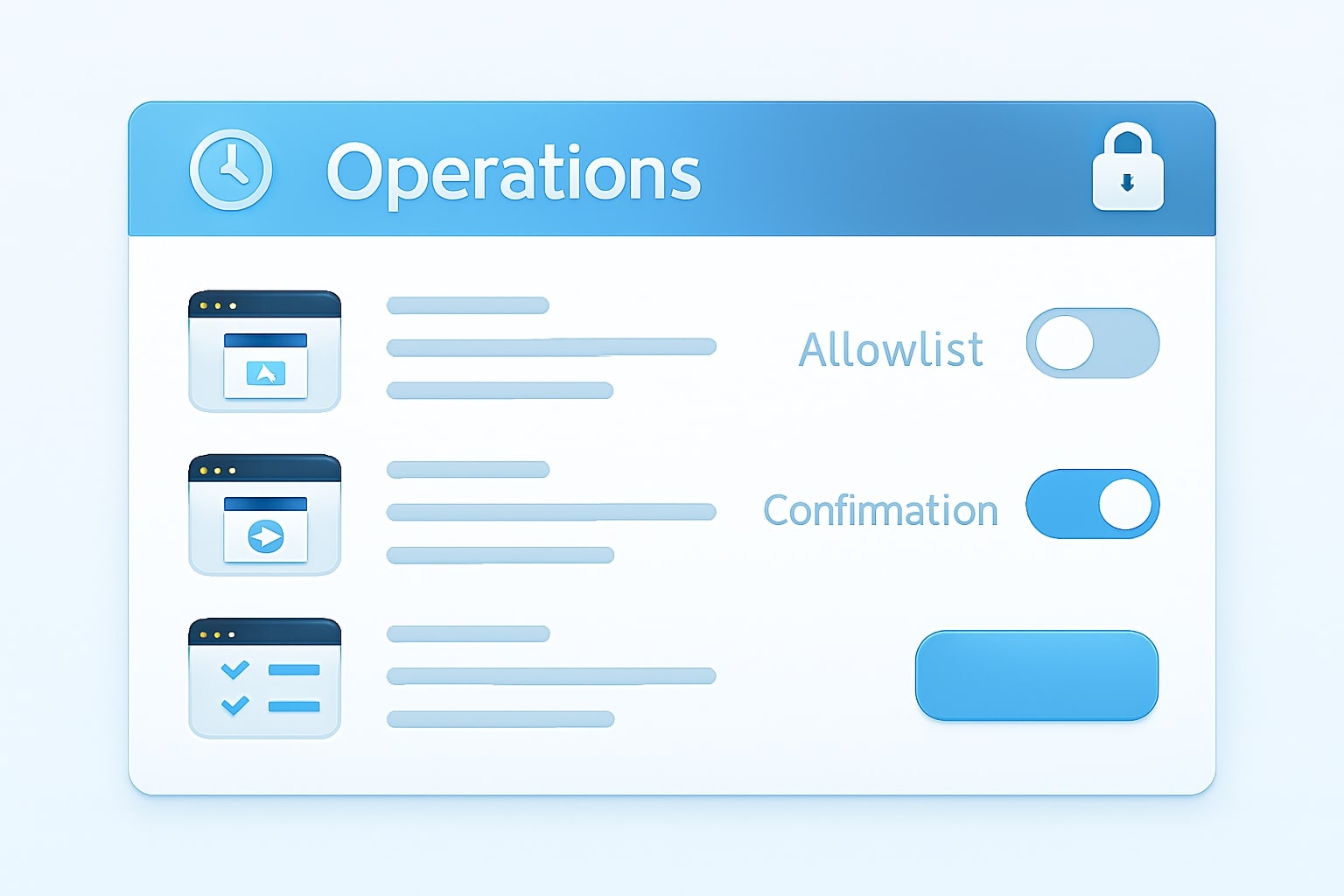 Operations dashboard with action logs, thumbnails, and safety toggles