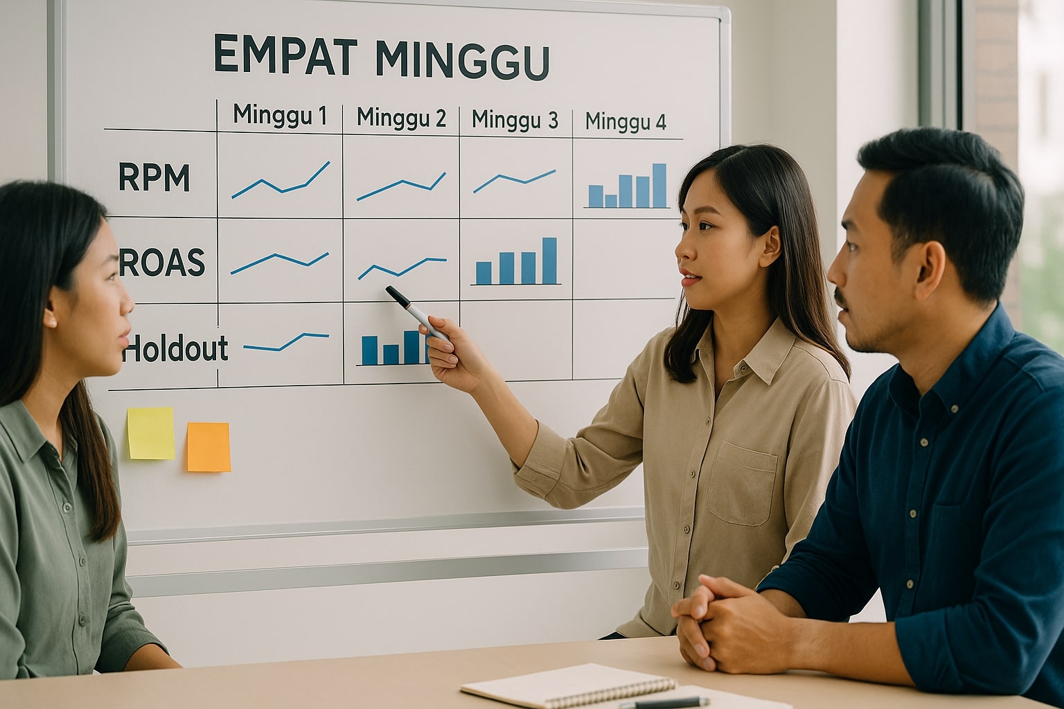 Rencana eksperimen ROAS empat minggu lintas platform.