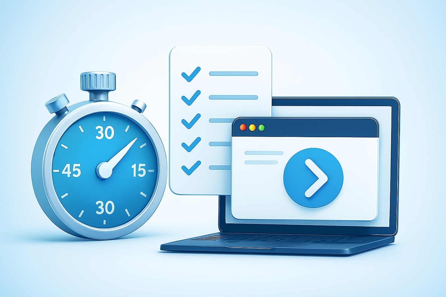 Stopwatch with a concise five-step visual plan beside a laptop