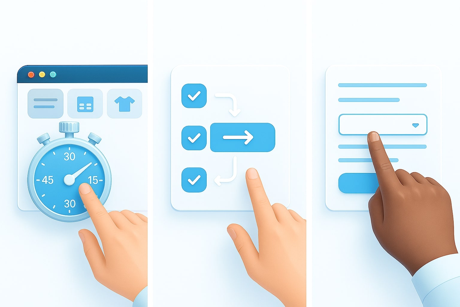 Three panels showing research, QA testing, and routine form entry