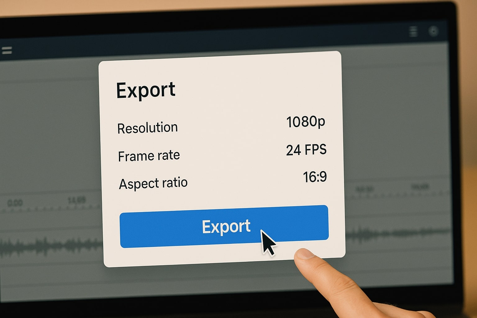 Dialog export menampilkan 1080p, 24fps, 16 banding 9