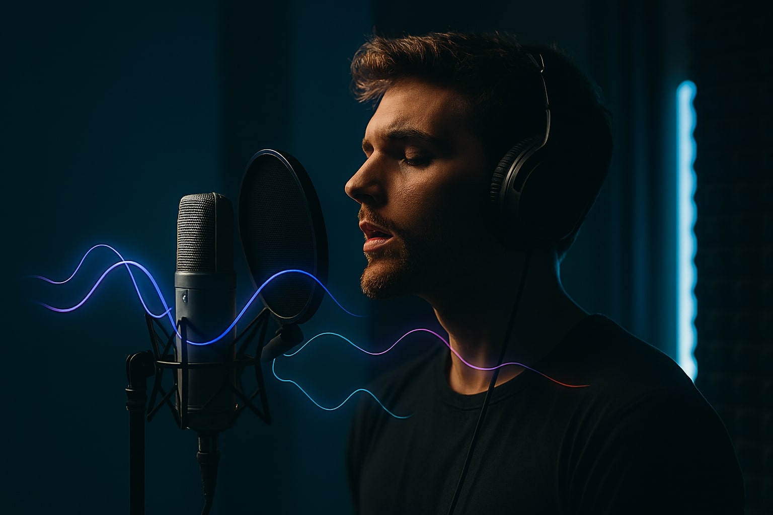 Vocalist in booth with AI waveform glow symbolizing clean vocals