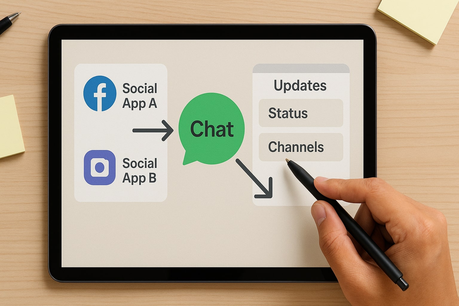 Diagram alur ekosistem WhatsApp Ads dari Meta dan Updates tab