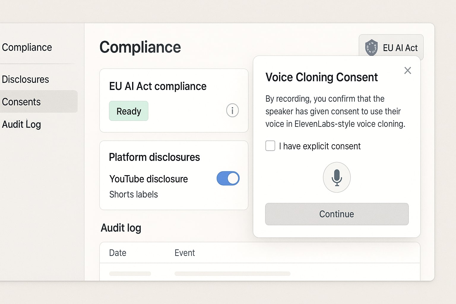 Compliance view showing AI Act and YouTube synthetic disclosure