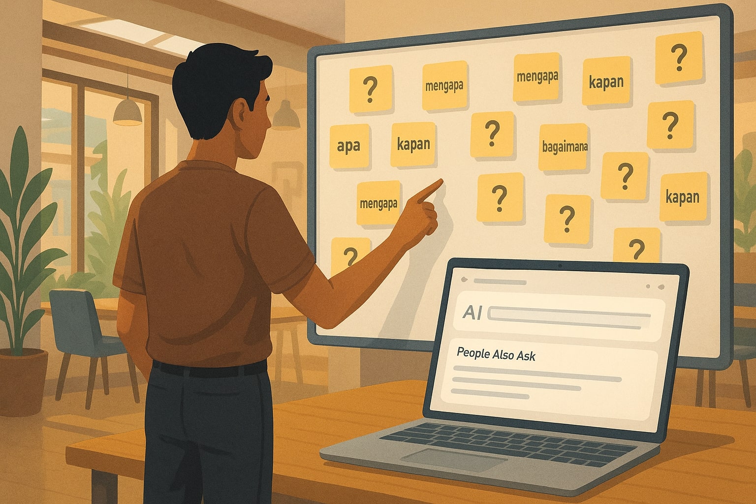 Ilustrasi marketer memetakan pertanyaan pengguna di papan dan laptop dengan AI Overview terbuka