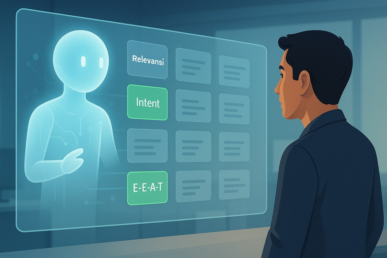 Ilustrasi AI menyeleksi beberapa kartu konten berdasarkan relevansi dan kepercayaan