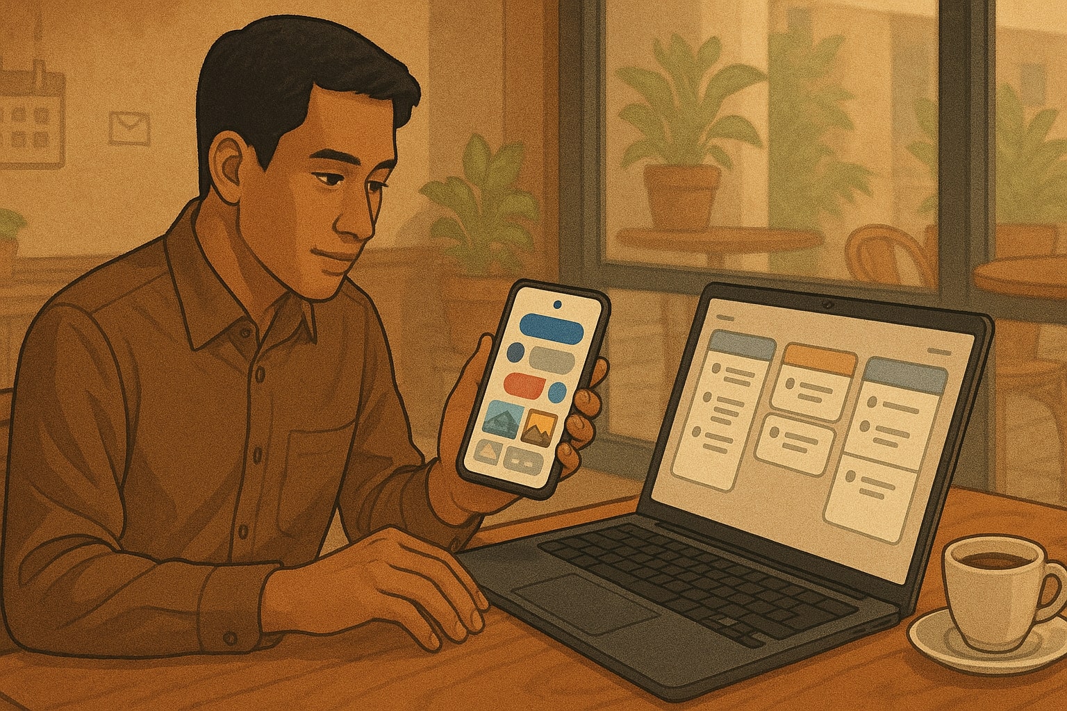 Person uses AI on a smartphone and laptop to support daily work tasks in a café