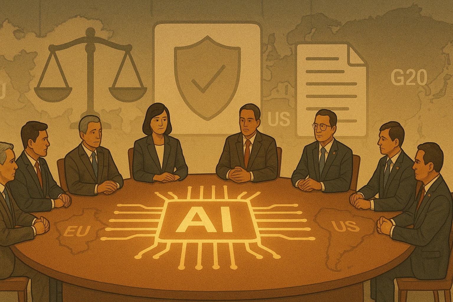 Global leaders discuss AI governance around a circular table shaped like a glowing chip
