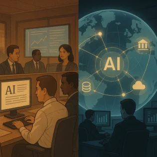 Analysts review global AI news headlines on screens with a glowing digital globe in the background