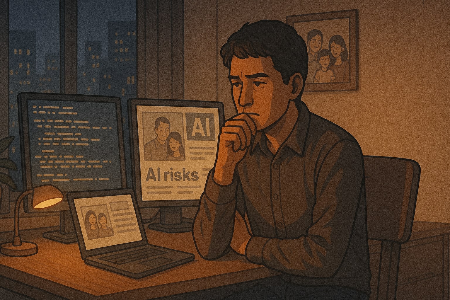 AI researcher looks at a screen of code and AI risk headlines beside family photos