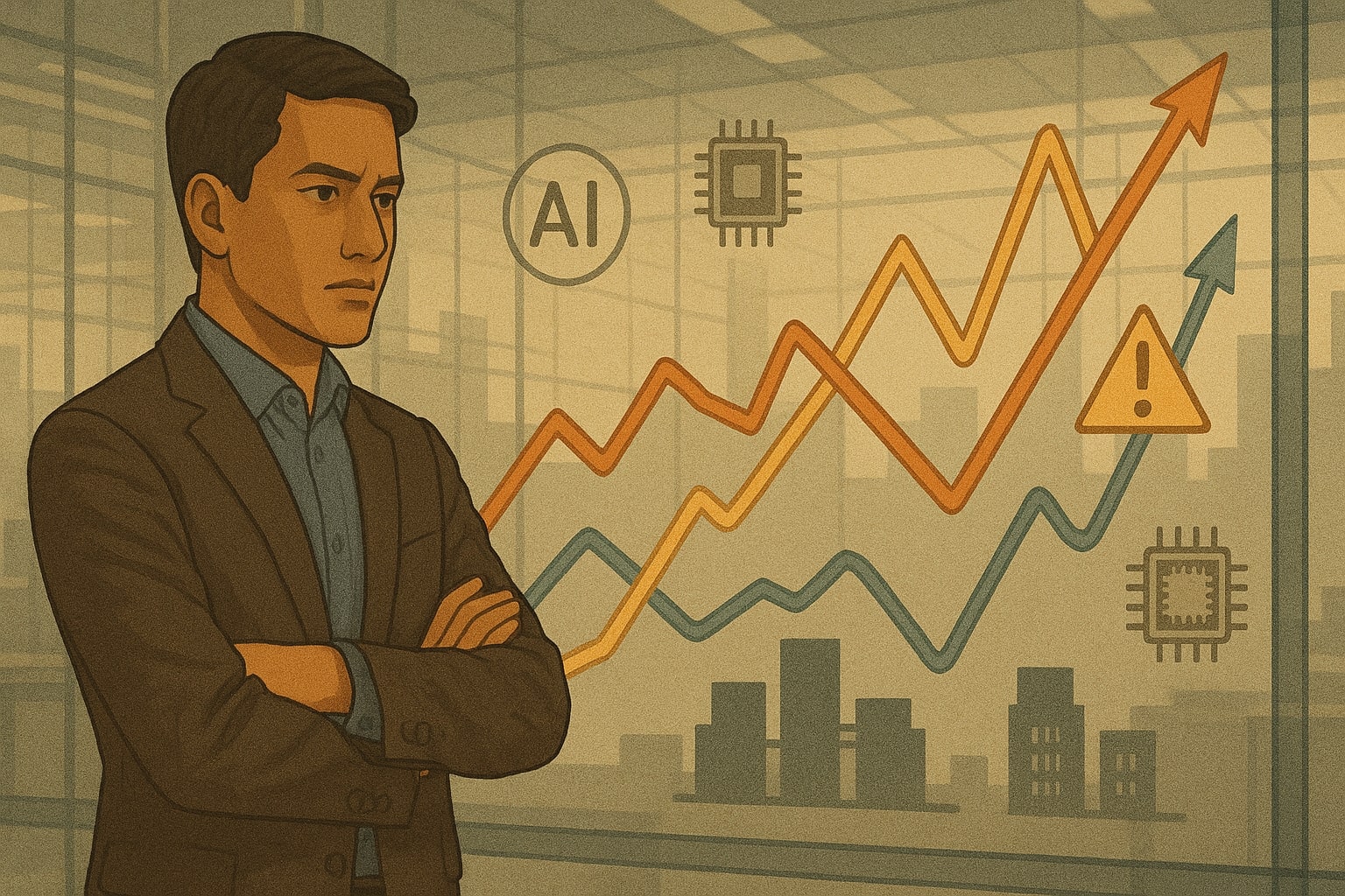 Analyst studies charts of AI infrastructure spending and volatile market curves