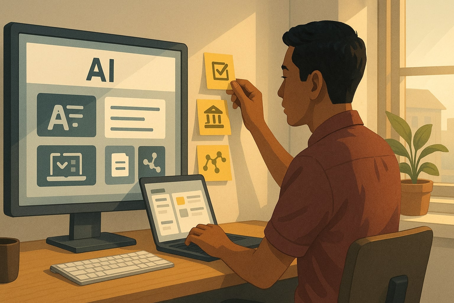 Knowledge worker turns AI news headlines into concrete action items on a wall