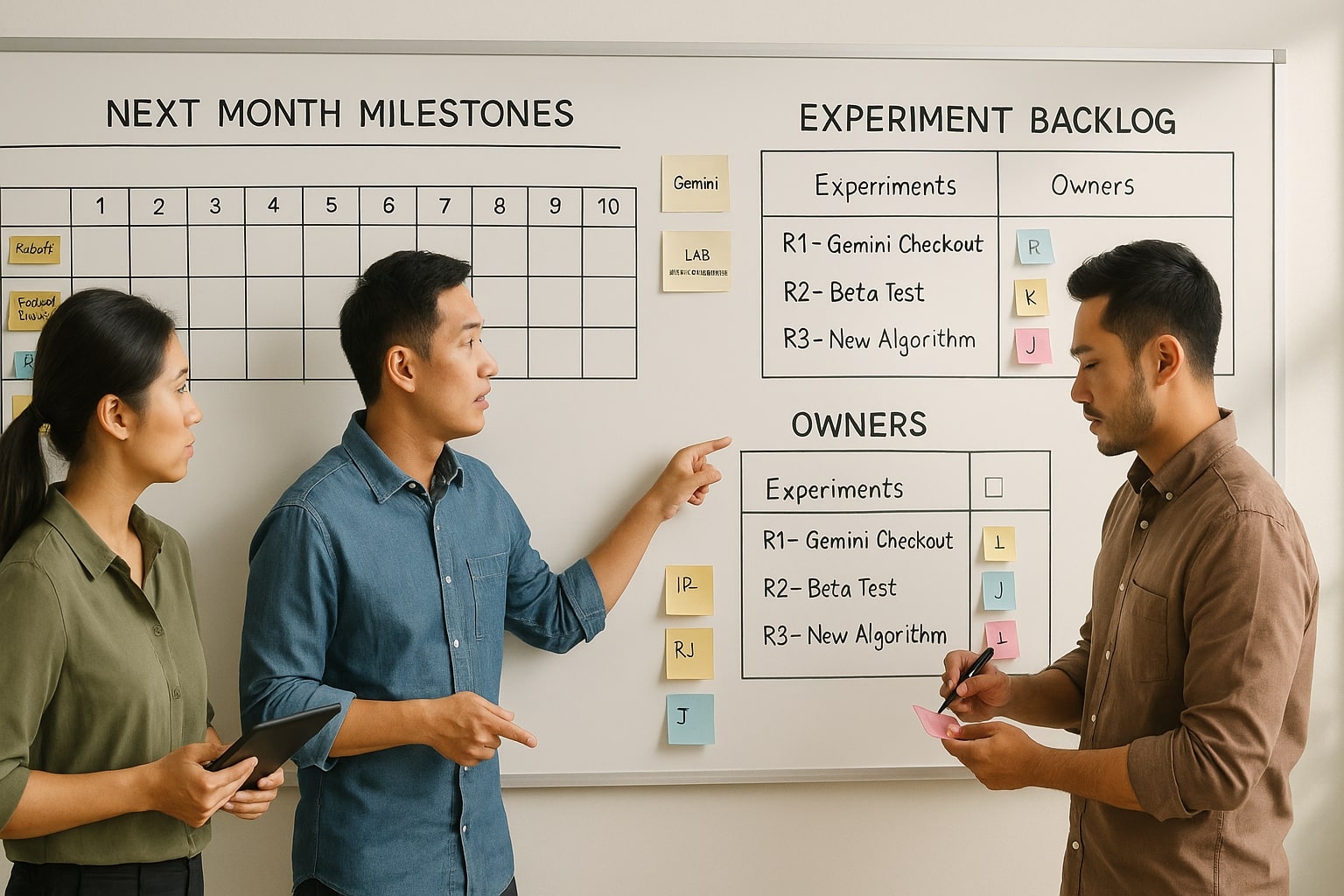 Owners assigned for next month’s experiments.