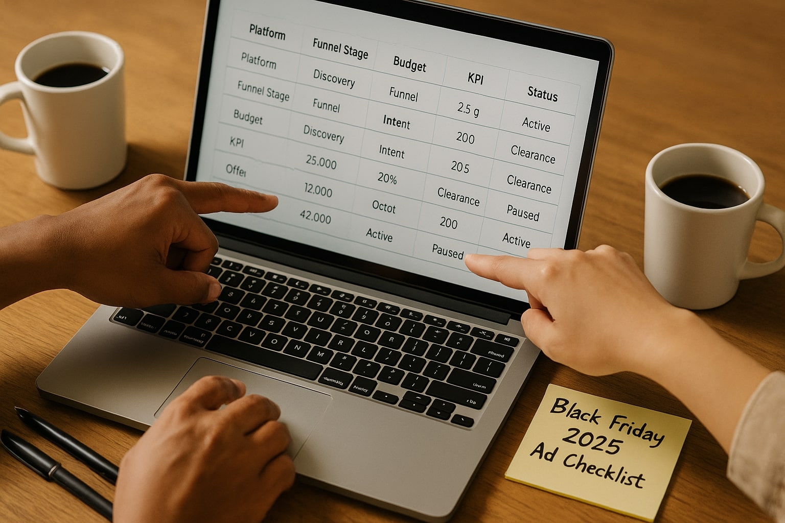 Marketing team collaborating on a Black Friday 2025 ad checklist spreadsheet on a laptop