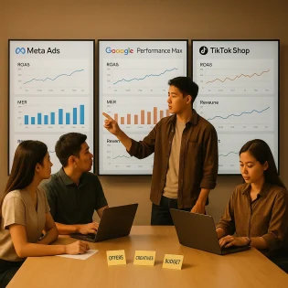Black Friday 2025 marketing team planning Meta Google and TikTok ad campaigns in a data filled war room