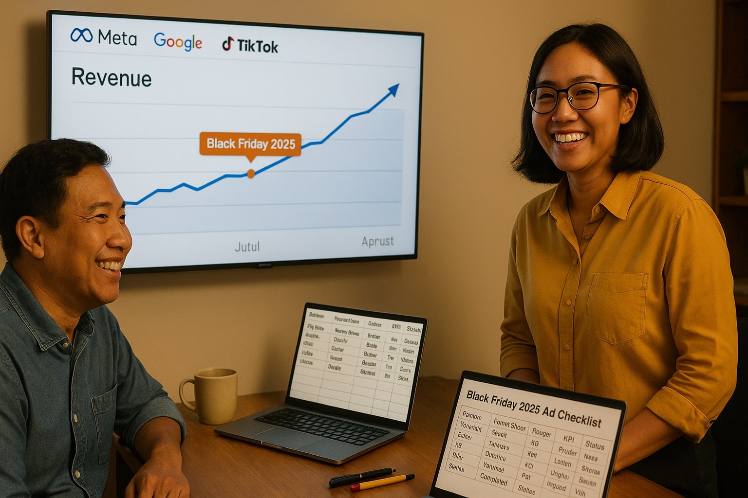 Founder and marketing lead celebrating Black Friday 2025 revenue results on a dashboard