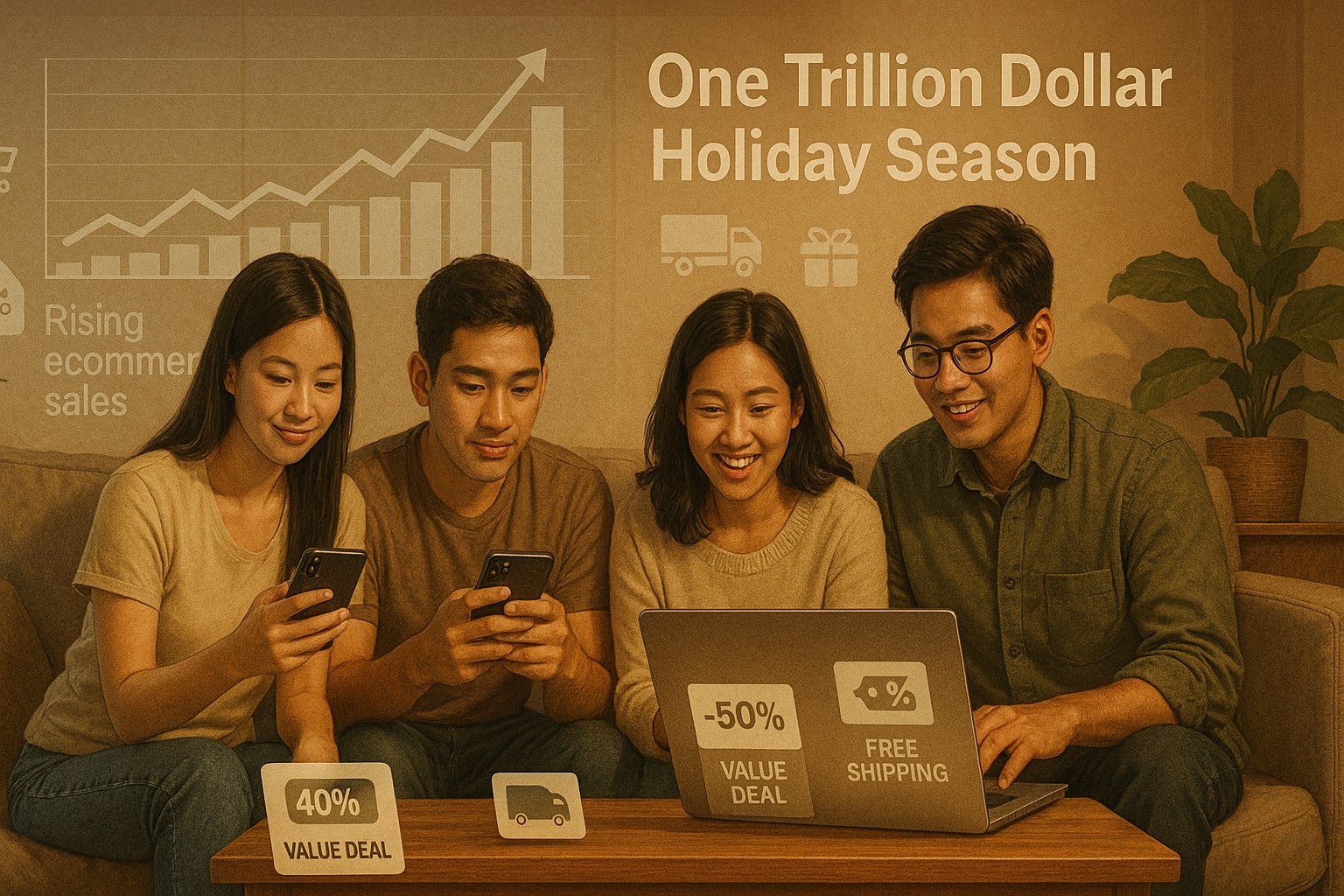 Shoppers checking Black Friday 2025 deals on phones and laptops with charts of ecommerce growth in the background