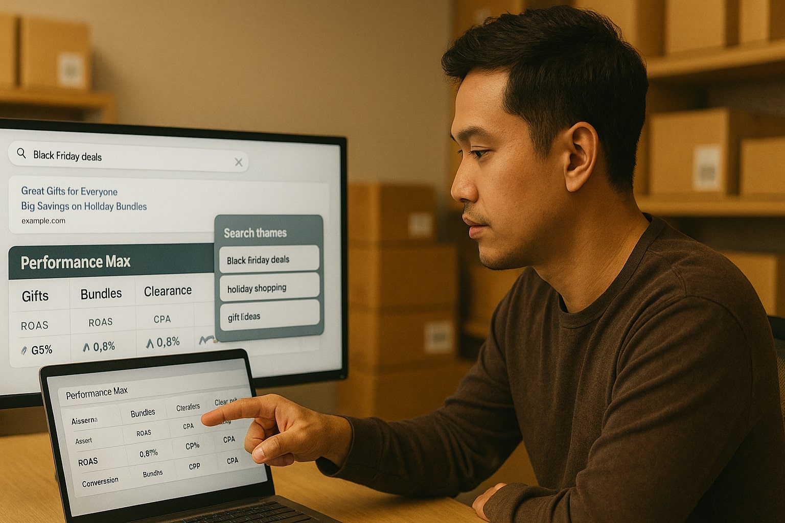 Analyst reviewing Google Performance Max results for Black Friday 2025 shopping campaigns