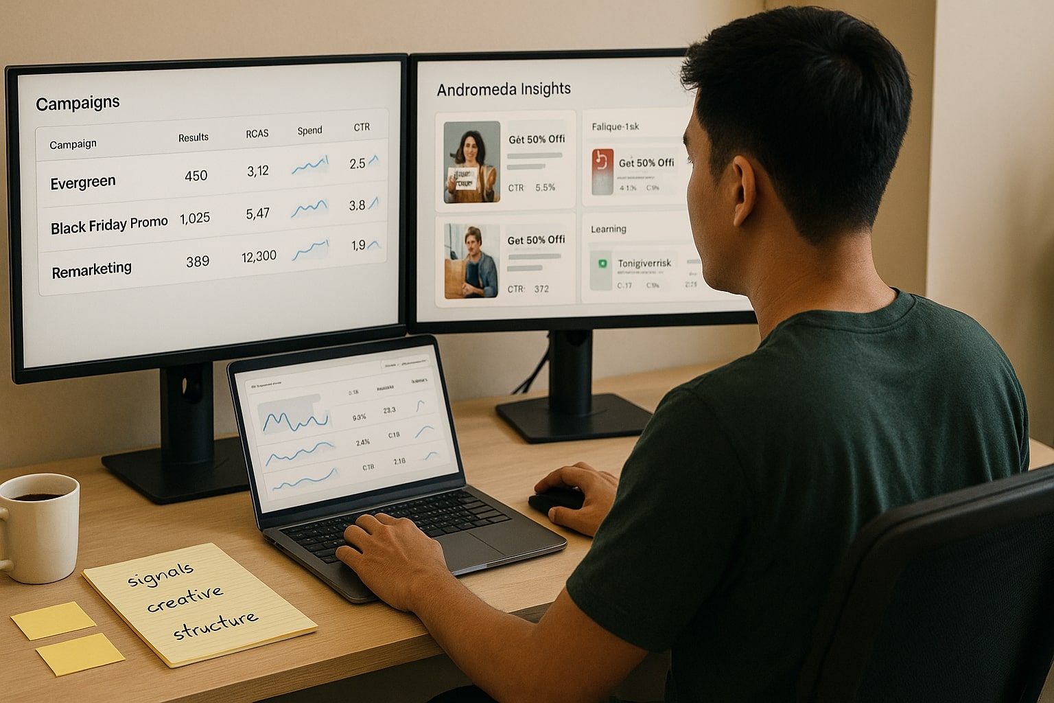 Media buyer optimising Black Friday 2025 Meta campaigns with Andromeda insights on a monitor