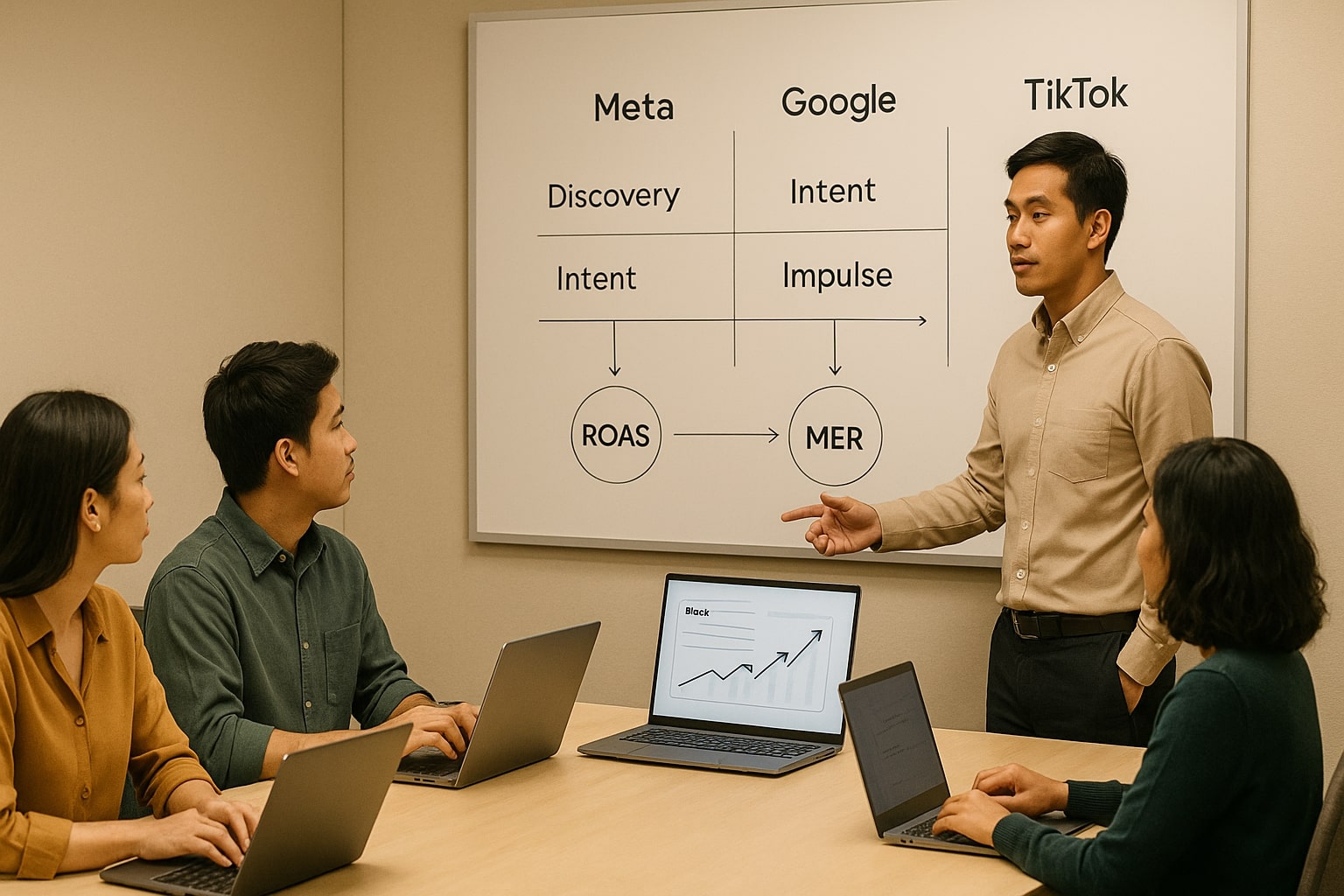 Marketer comparing Meta Google and TikTok roles for Black Friday 2025 ads on a whiteboard chart