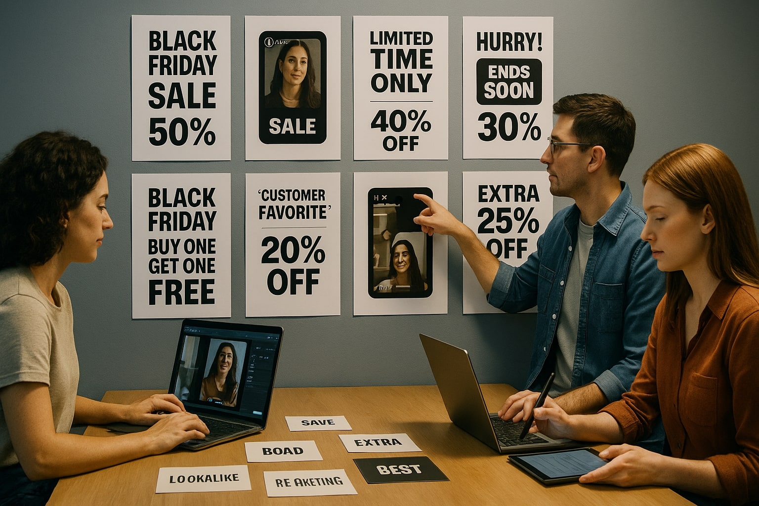 Creative team designs high impact Black Friday Meta ads with clear offers and Reels formats.