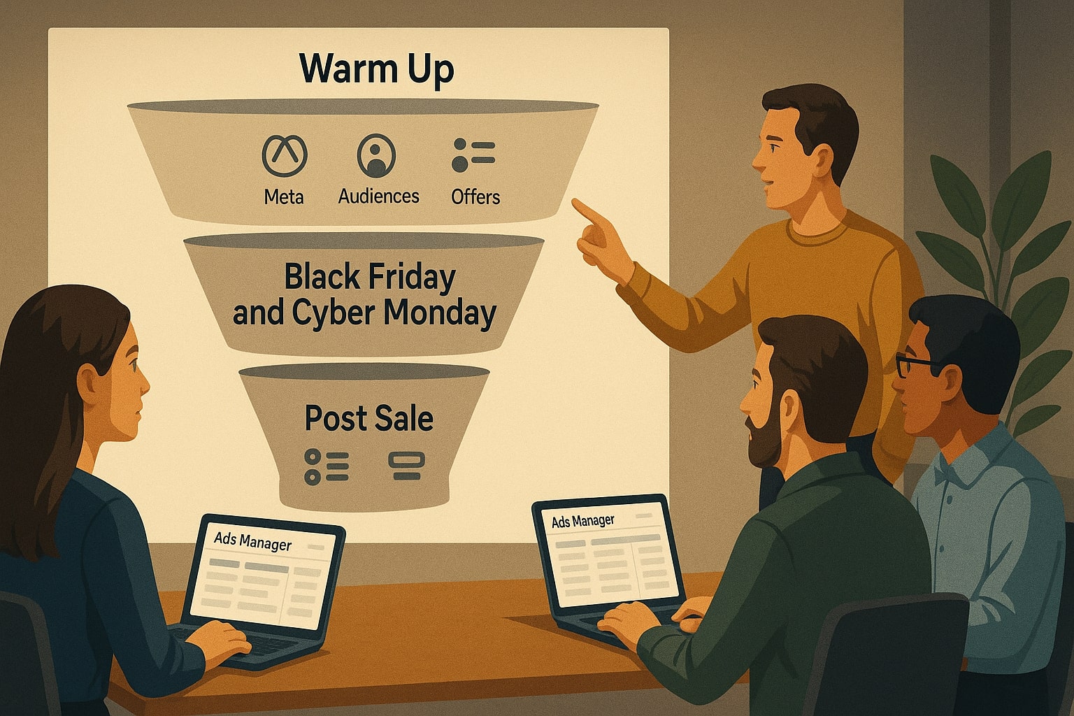 Marketer explains full funnel Black Friday Meta ads strategy with three campaign stages.