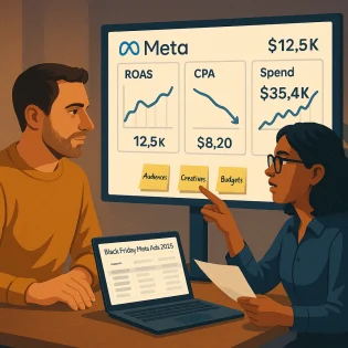 Black Friday Meta Ads Strategy 2025 team reviewing ROAS and budgets on Meta dashboard.