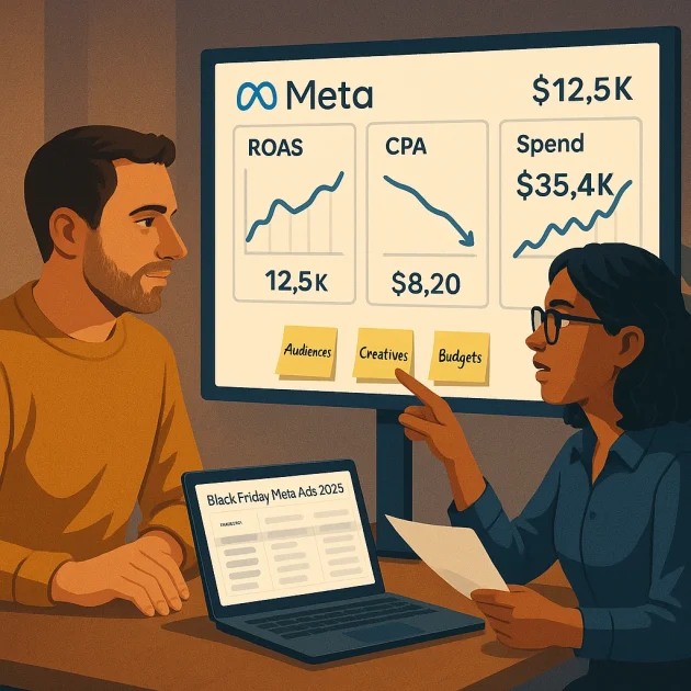 Black Friday Meta Ads Strategy 2025 team reviewing ROAS and budgets on Meta dashboard.
