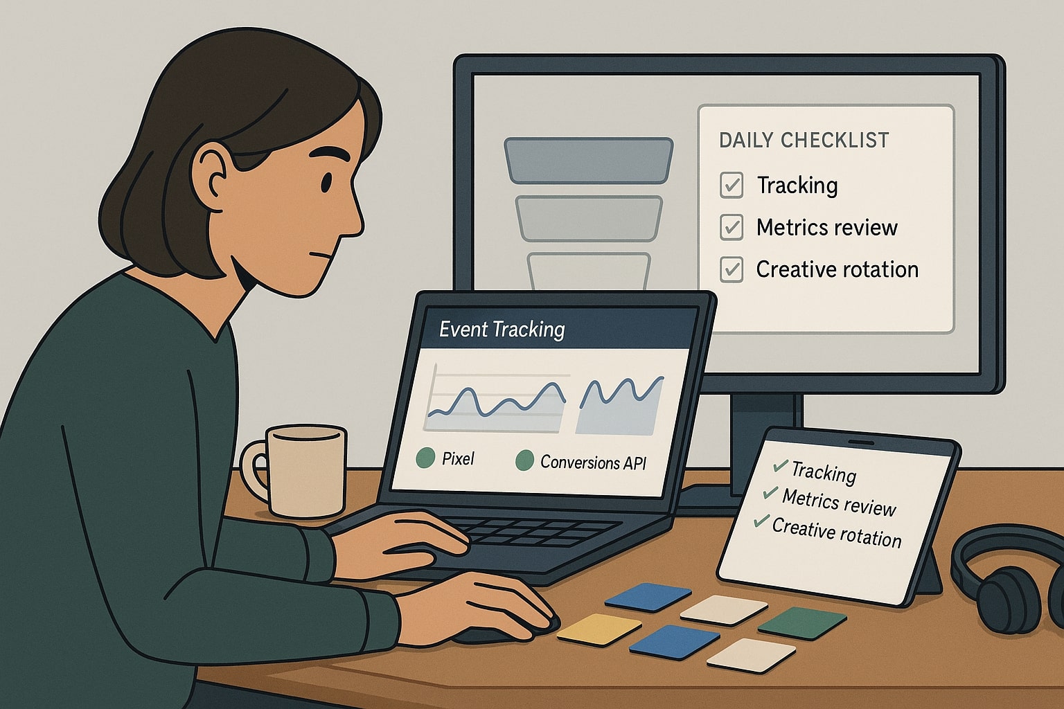 Analytics lead reviews Meta Pixel and Conversion API tracking before adjusting Black Friday campaigns.