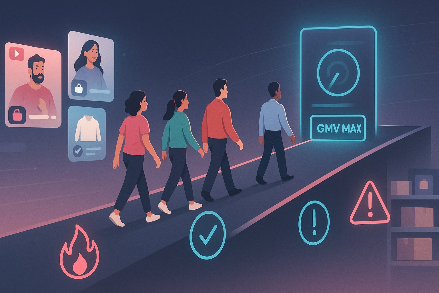 Shoppers moving through a three step TikTok GMV Max funnel from hype to urgent purchase