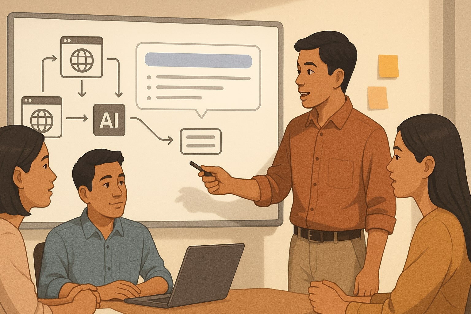 Ilustrasi diagram sederhana cara kerja AI Overview mengambil sumber konten dari beberapa situs