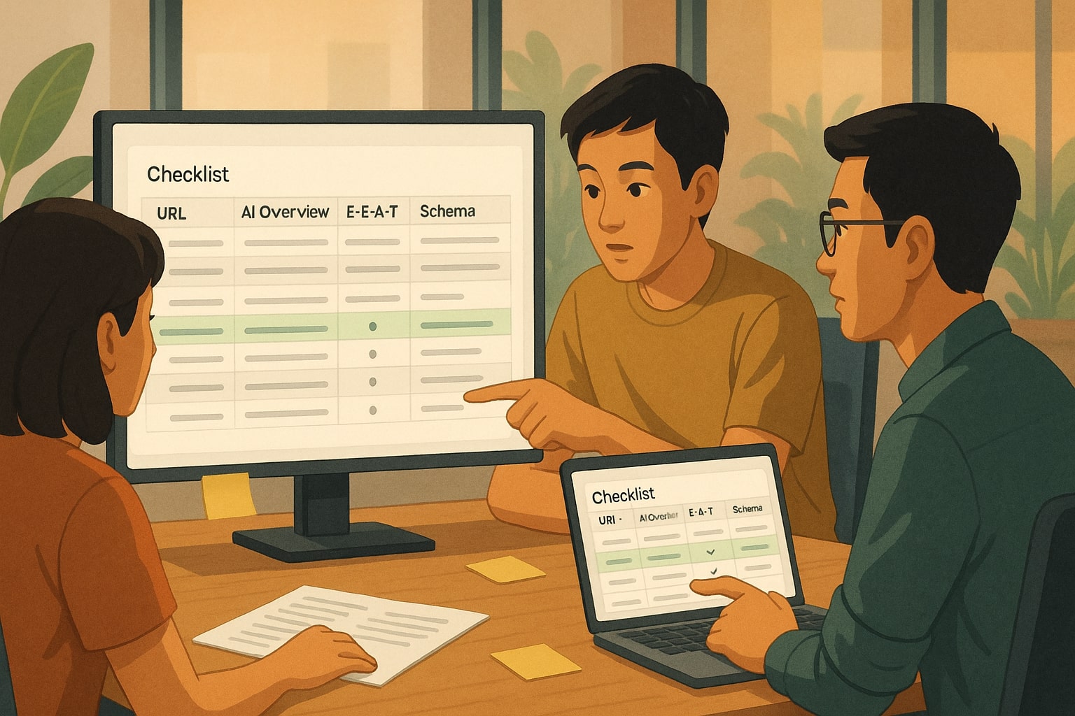 Ilustrasi tim kecil memeriksa checklist SEO AI Overview di laptop dan layar besar