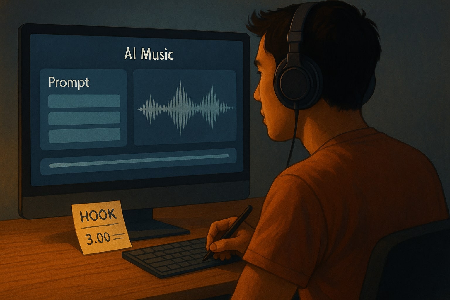 kreator mengetik prompt Suno AI untuk membuat lagu viral tiga menit