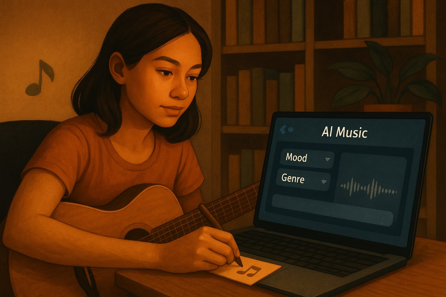 kreator perempuan menyusun prompt Udio untuk lagu pop emosional